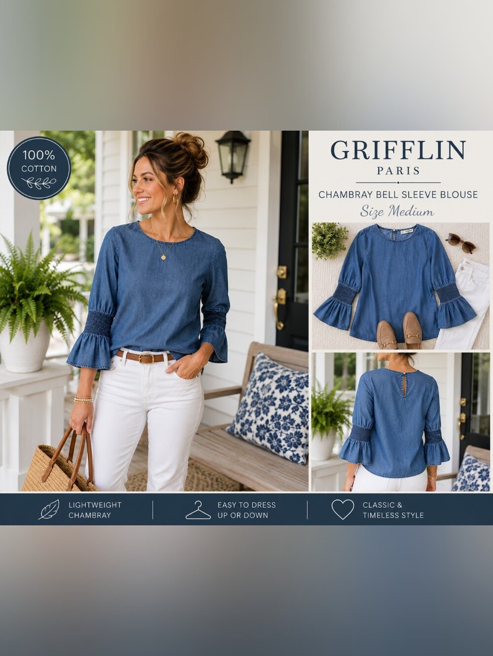 Grifflin Paris Chambray Bell Sleeve Blouse Smocked Cuffs Medium